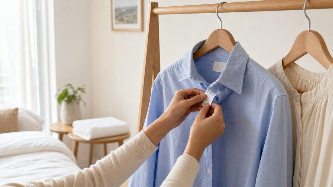 Hands checking the care label on a blue shirt before garment steaming