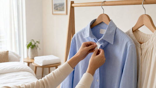 Hands checking the care label on a blue shirt before garment steaming