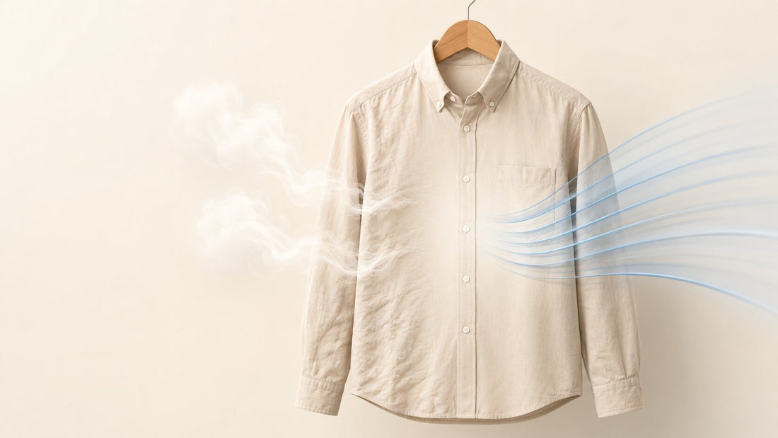 Steam and airflow smoothing a hanging cotton shirt