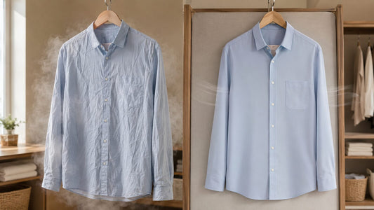 Wrinkled and smooth blue button-down shirts hanging side by side