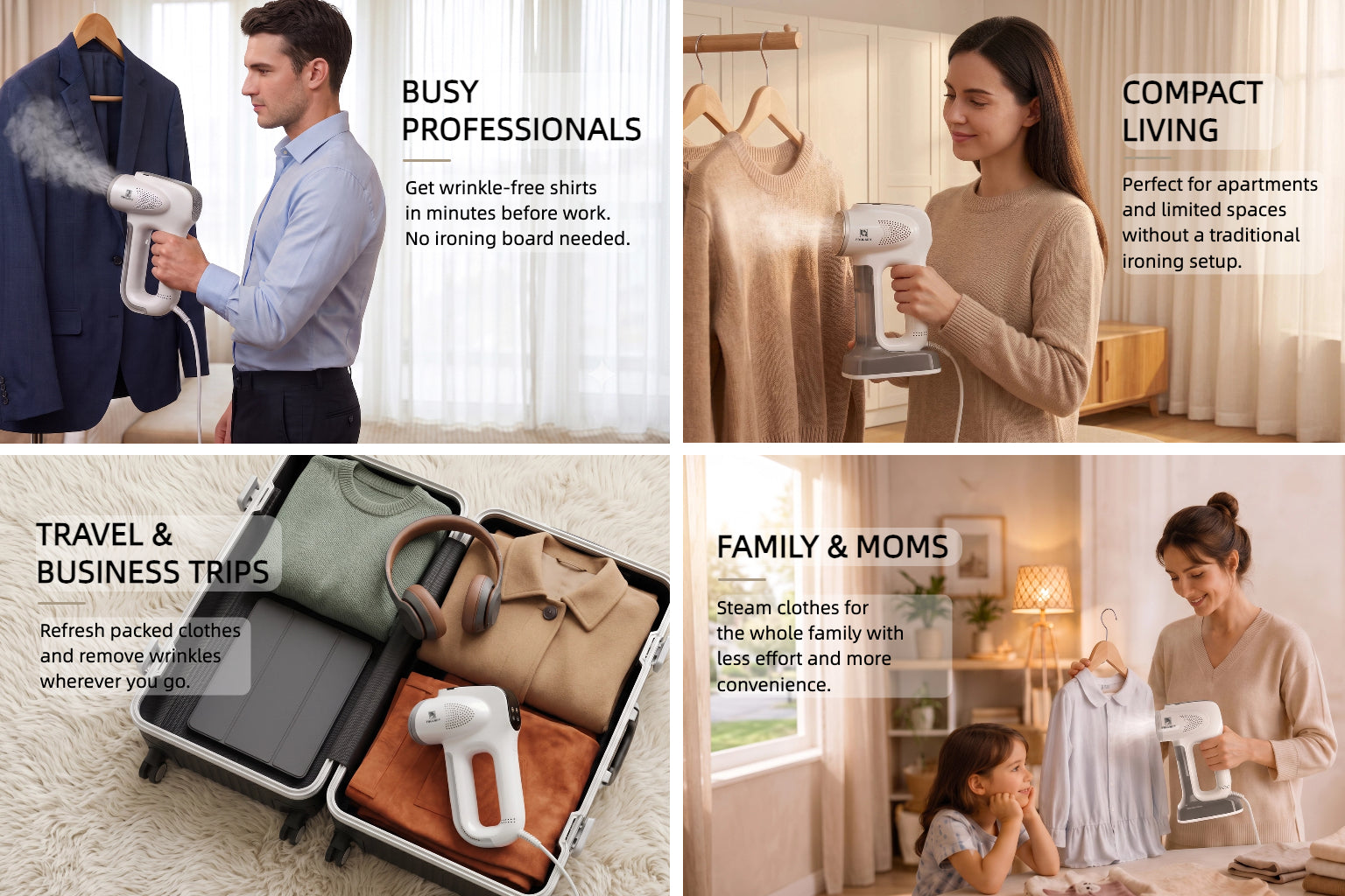 Four everyday Frolary VS-401 garment-care scenarios: work, family, travel and compact living